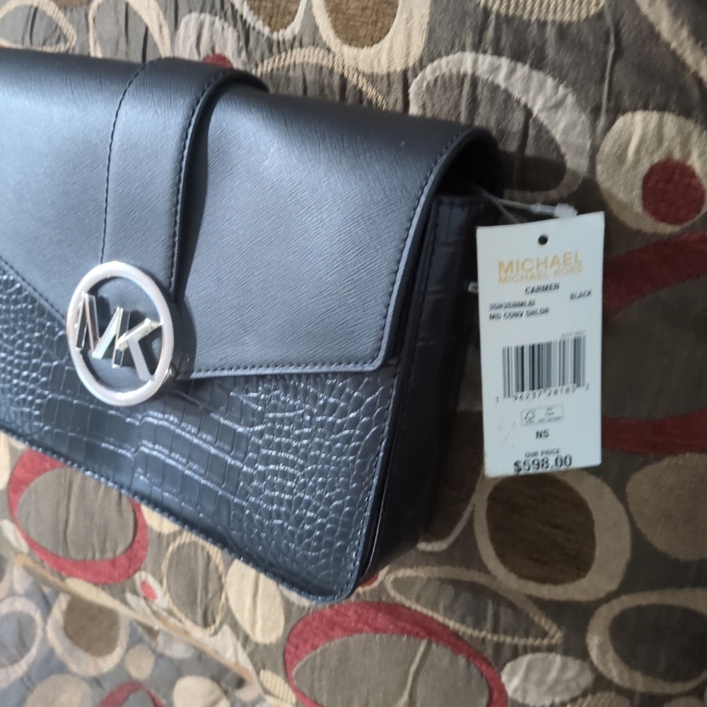Michael Kors Carmen Medium Crocodile Embossed Convertible Shoulder Bag Black Nwt